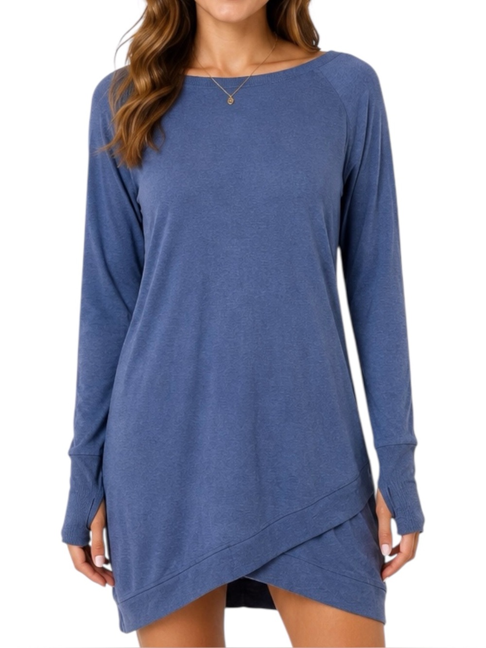 Athleta Blue Modal Tunic Dress Small Boat Neck Thumbholes Crossover Hem Stretch